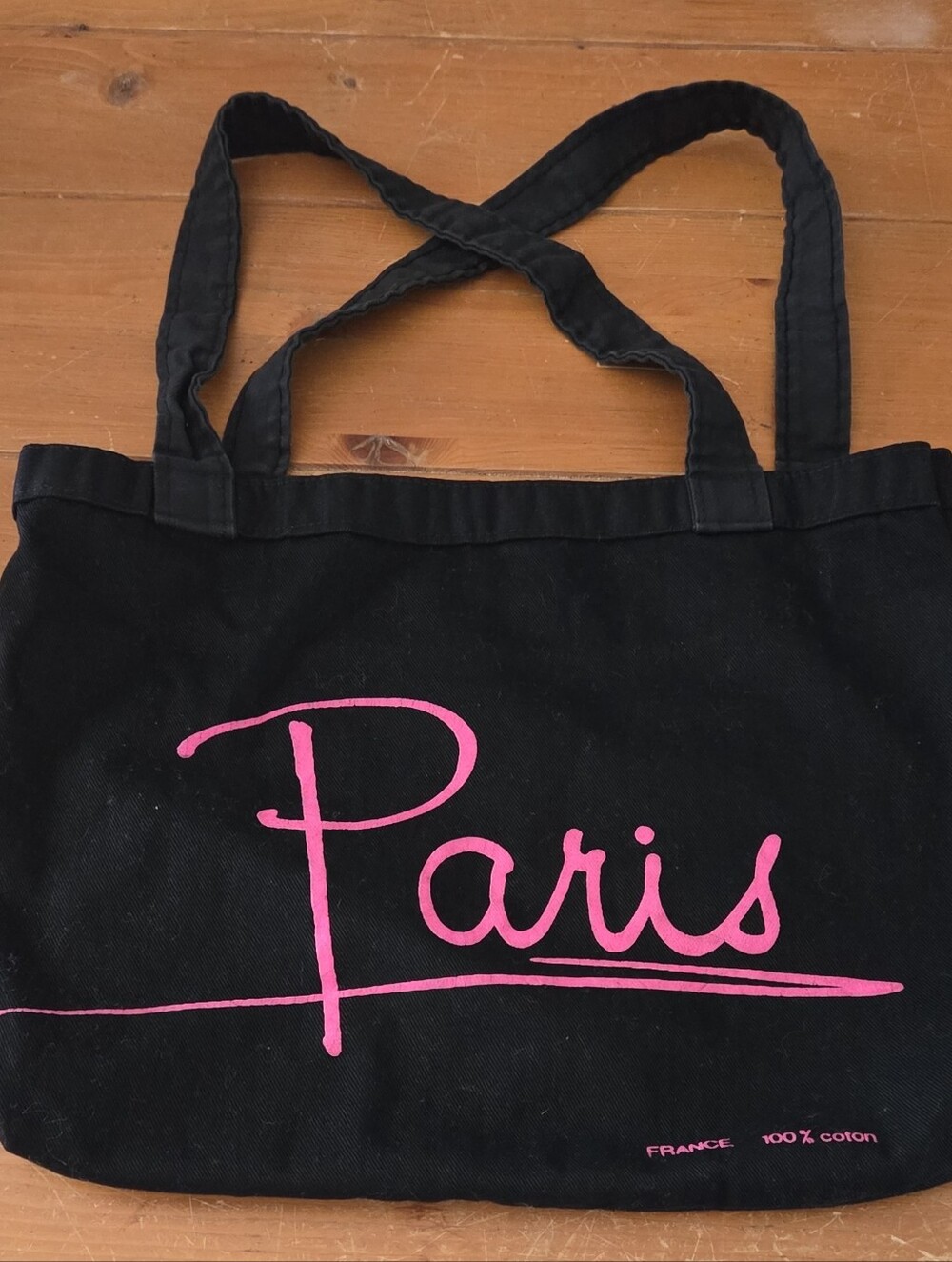 Black Canvas Tote Bag with Pink 'Paris' Script